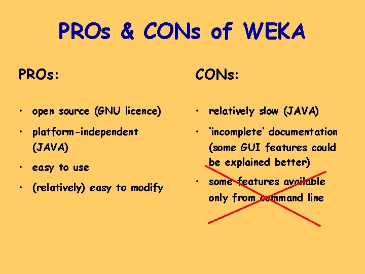 PROs & CONs of WEKA PROs: CONs: • open source (GNU licence) • relatively