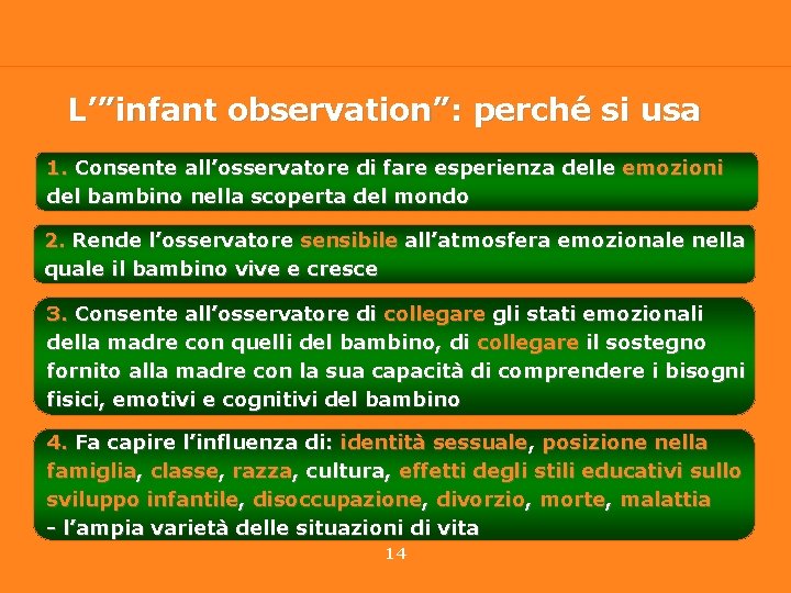 L’”infant observation”: perché si usa 1. Consente all’osservatore di fare esperienza delle emozioni del