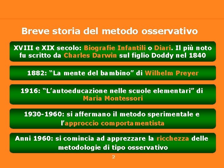 Breve storia del metodo osservativo XVIII e XIX secolo: Biografie Infantili o Diari. Il