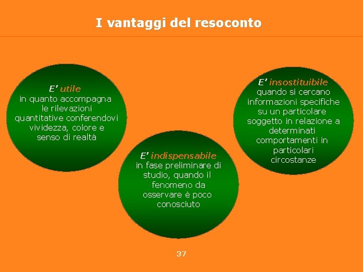 I vantaggi del resoconto E’ utile in quanto accompagna le rilevazioni quantitative conferendovi vividezza,