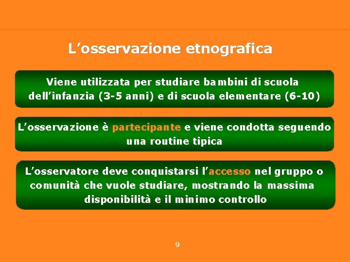 L’osservazione etnografica Viene utilizzata per studiare bambini di scuola dell’infanzia (3 -5 anni) e