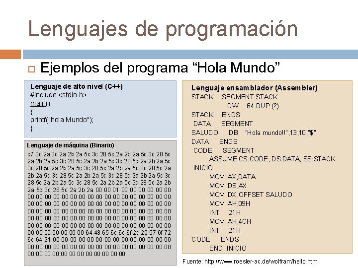 Lenguajes de programación Ejemplos del programa “Hola Mundo” Lenguaje de alto nivel (C++) #include Lenguajes de programación Ejemplos del programa “Hola Mundo” Lenguaje de alto nivel (C++) #include