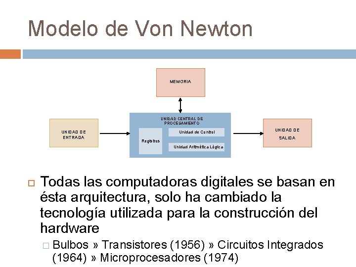 Modelo de Von Newton MEMORIA UNIDAD CENTRAL DE PROCESAMIENTO UNIDAD DE ENTRADA Unidad de Modelo de Von Newton MEMORIA UNIDAD CENTRAL DE PROCESAMIENTO UNIDAD DE ENTRADA Unidad de