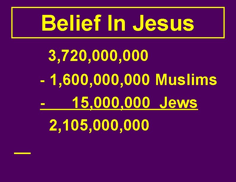 Belief In Jesus 3, 720, 000 - 1, 600, 000 Muslims 15, 000 Jews