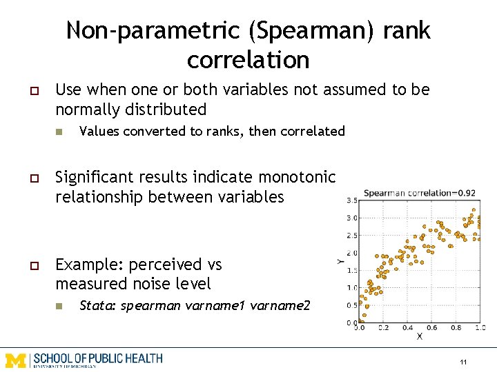 Non-parametric (Spearman) rank correlation o Use when one or both variables not assumed to