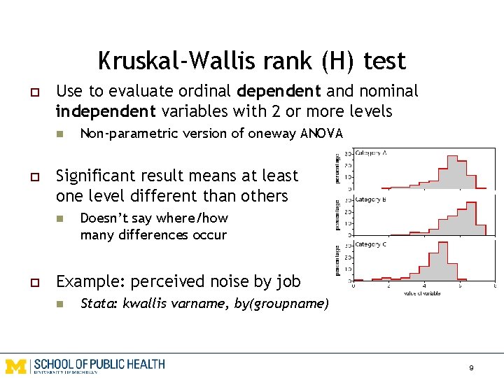 Kruskal-Wallis rank (H) test o Use to evaluate ordinal dependent and nominal independent variables