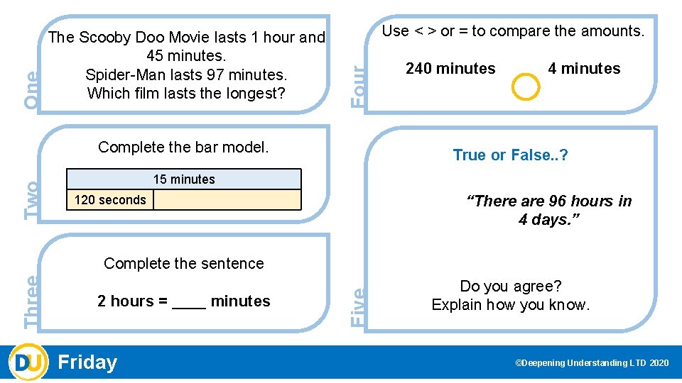 Use < > or = to compare the amounts. Four One The Scooby Doo