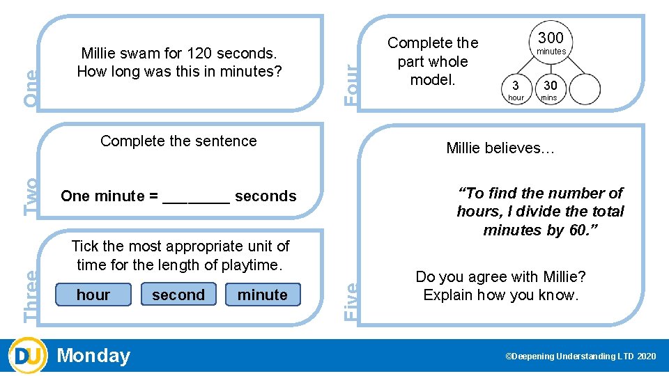 Four One Millie swam for 120 seconds. How long was this in minutes? Tick