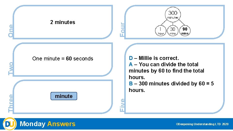 Four One 2 minutes Five Three Two Monday Answers mins D – Millie is