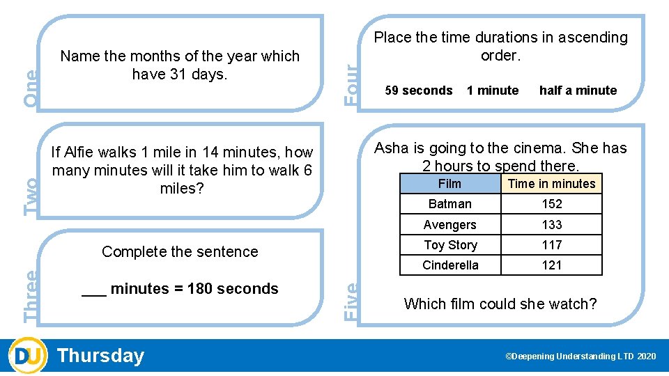 Four One Two Name the months of the year which have 31 days. Five