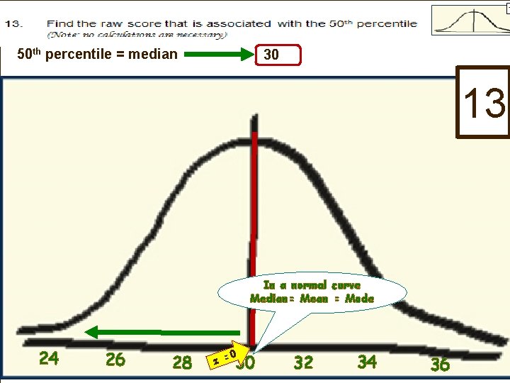 50 th percentile = median 30 13 In a normal curve Median= Mean =