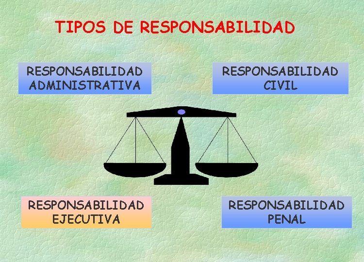 TIPOS DE RESPONSABILIDAD ADMINISTRATIVA RESPONSABILIDAD EJECUTIVA RESPONSABILIDAD CIVIL RESPONSABILIDAD PENAL 