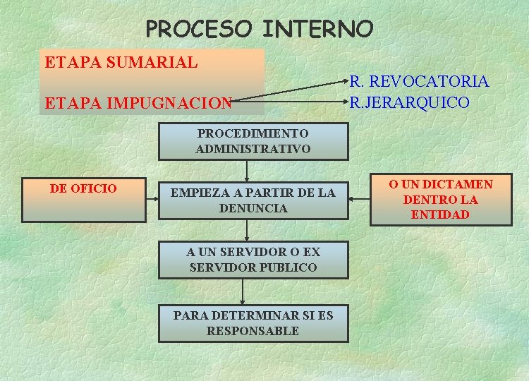 PROCESO INTERNO ETAPA SUMARIAL ETAPA IMPUGNACION R. REVOCATORIA R. JERARQUICO PROCEDIMIENTO ADMINISTRATIVO DE OFICIO