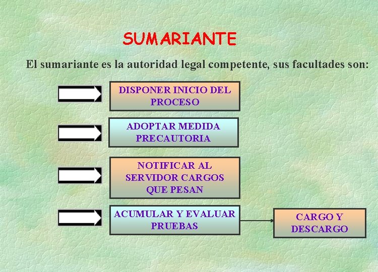 SUMARIANTE El sumariante es la autoridad legal competente, sus facultades son: DISPONER INICIO DEL
