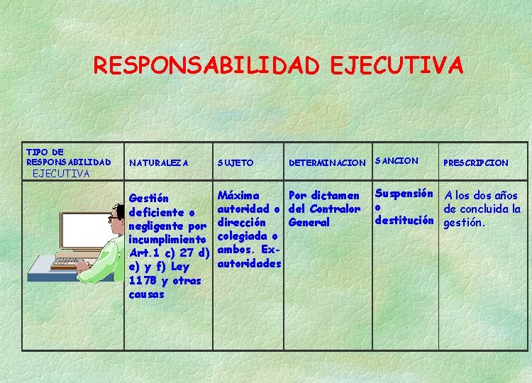 RESPONSABILIDAD EJECUTIVA TIPO DE RESPONSABILIDAD EJECUTIVA NATURALEZA SUJETO DETERMINACION Gestión deficiente o negligente por