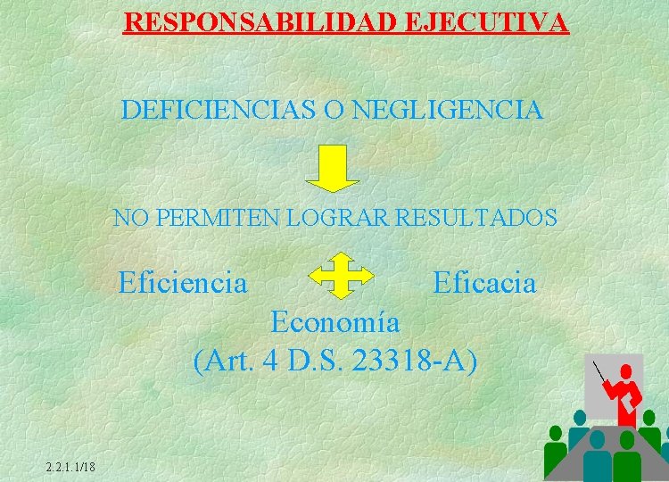 RESPONSABILIDAD EJECUTIVA DEFICIENCIAS O NEGLIGENCIA NO PERMITEN LOGRAR RESULTADOS Eficiencia Eficacia Economía (Art. 4