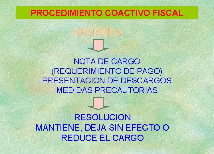 PROCEDIMIENTO COACTIVO FISCAL DEMANDA NOTA DE CARGO (REQUERIMIENTO DE PAGO) PRESENTACION DE DESCARGOS MEDIDAS