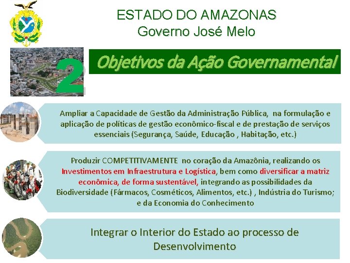 ESTADO DO AMAZONAS Governo José Melo 2 Objetivos da Ação Governamental Ampliar a Capacidade