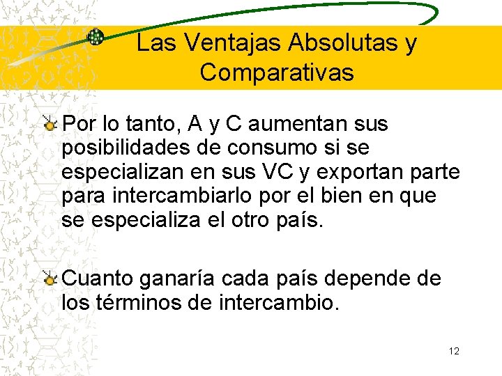 Las Ventajas Absolutas y Comparativas Por lo tanto, A y C aumentan sus posibilidades Las Ventajas Absolutas y Comparativas Por lo tanto, A y C aumentan sus posibilidades