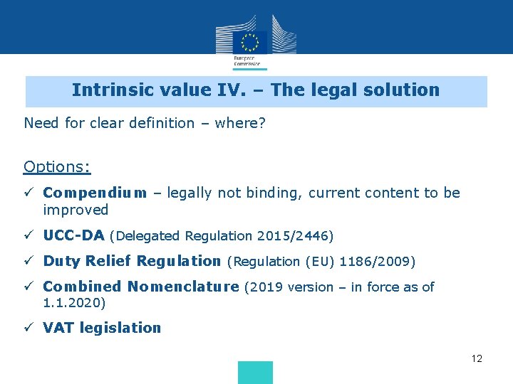 Intrinsic value IV. – The legal solution Need for clear definition – where? Options: Intrinsic value IV. – The legal solution Need for clear definition – where? Options: