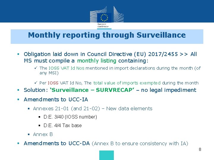 Monthly reporting through Surveillance § Obligation laid down in Council Directive (EU) 2017/2455 >> Monthly reporting through Surveillance § Obligation laid down in Council Directive (EU) 2017/2455 >>
