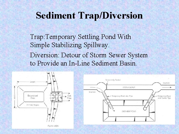 Sediment Trap/Diversion Trap: Temporary Settling Pond With Simple Stabilizing Spillway. Diversion: Detour of Storm