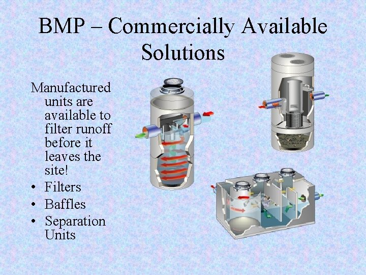 BMP – Commercially Available Solutions Manufactured units are available to filter runoff before it