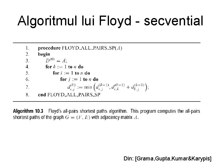 Algoritmul lui Floyd - secvential Din: [Grama, Gupta, Kumar&Karypis] 