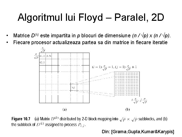 Algoritmul lui Floyd – Paralel, 2 D • Matrice D(k) este impartita in p