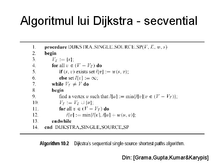 Algoritmul lui Dijkstra - secvential Din: [Grama, Gupta, Kumar&Karypis] 