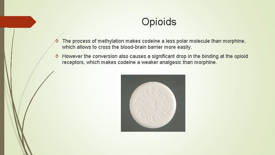 Opioids The process of methylation makes codeine a less polar molecule than morphine, which