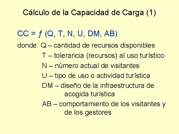 Cálculo de la Capacidad de Carga (1) CC = ƒ (Q, T, N, U,
