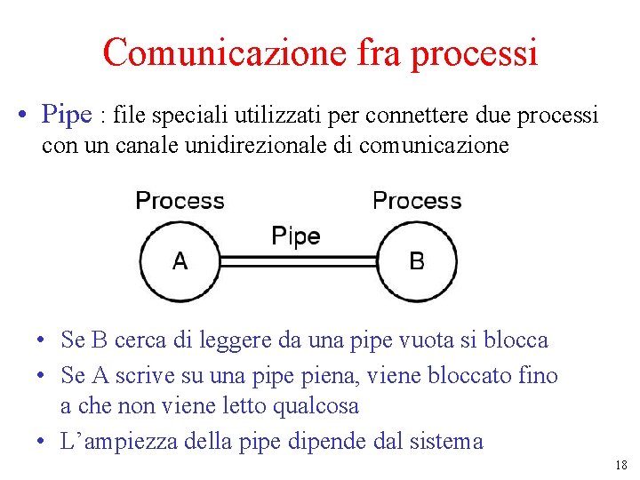 Comunicazione fra processi • Pipe : file speciali utilizzati per connettere due processi con