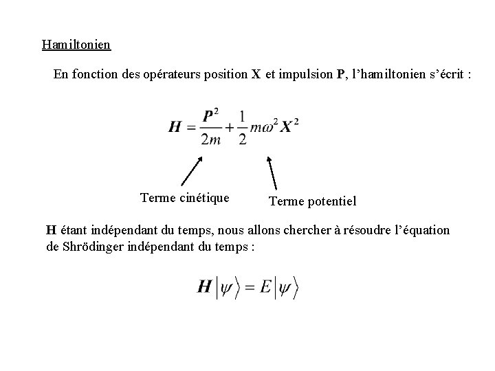 Hamiltonien En fonction des opérateurs position X et impulsion P, l’hamiltonien s’écrit : Terme