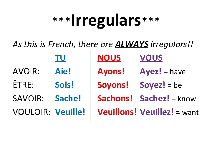 ***Irregulars*** As this is French, there are ALWAYS irregulars!! TU NOUS VOUS AVOIR: Aie!