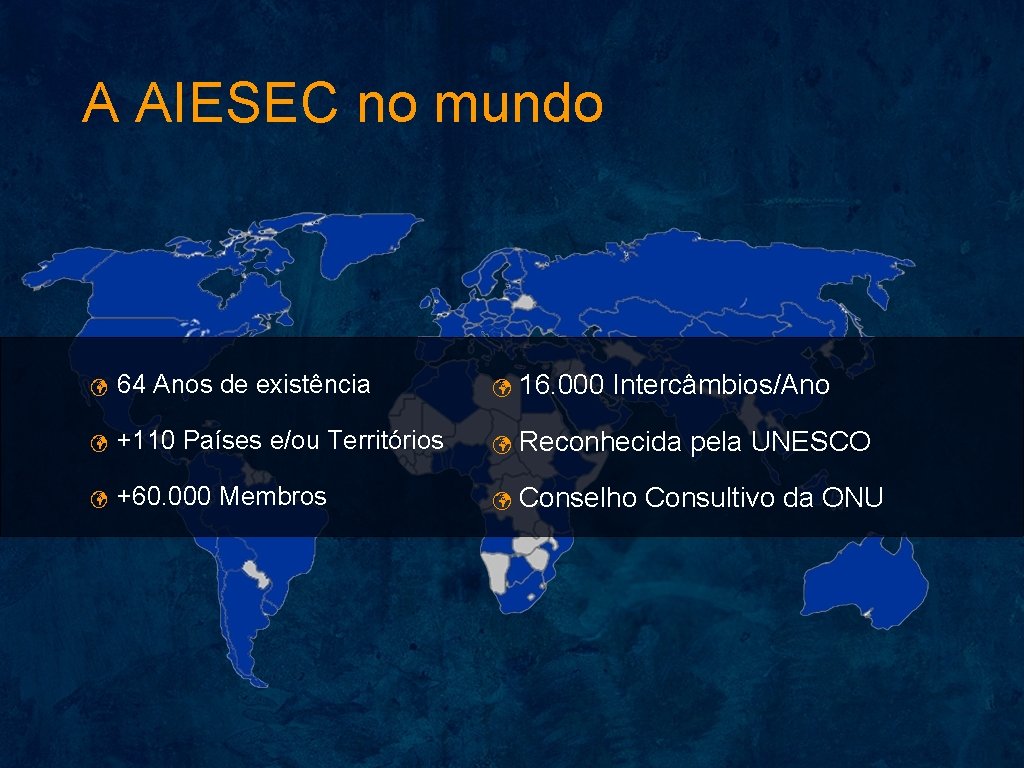 A AIESEC no mundo ü 64 Anos de existência ü 16. 000 Intercâmbios/Ano ü