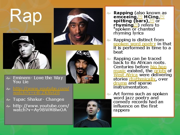 Rap Rapping (also known as emceeing, [1] MCing, [1] spitting (bars), [2] or rhyming[3])