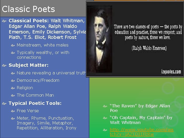Classic Poets Classical Poets: Walt Whitman, Edgar Allan Poe, Ralph Waldo Emerson, Emily Dickenson,