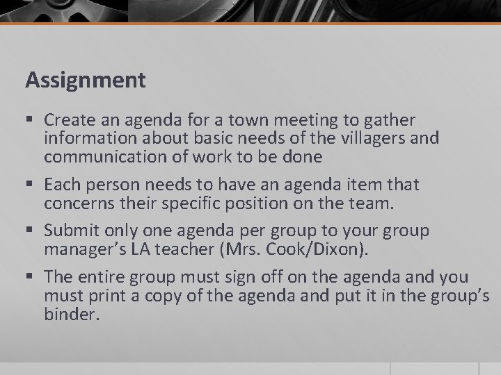 Assignment § Create an agenda for a town meeting to gather information about basic