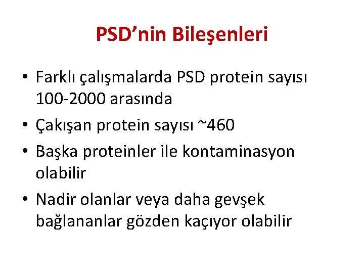 PSD’nin Bileşenleri • Farklı çalışmalarda PSD protein sayısı 100 -2000 arasında • Çakışan protein