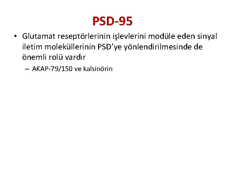 PSD-95 • Glutamat reseptörlerinin işlevlerini modüle eden sinyal iletim moleküllerinin PSD’ye yönlendirilmesinde de önemli