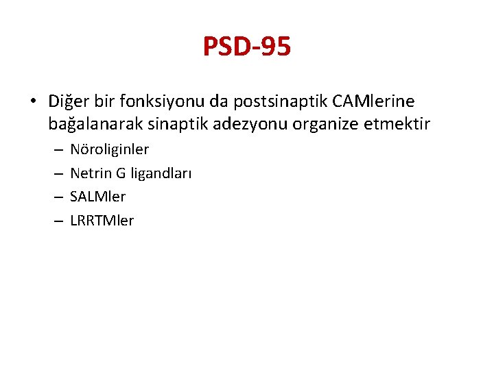 PSD-95 • Diğer bir fonksiyonu da postsinaptik CAMlerine bağalanarak sinaptik adezyonu organize etmektir –