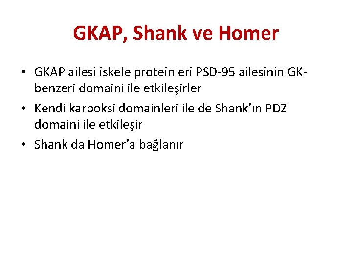 GKAP, Shank ve Homer • GKAP ailesi iskele proteinleri PSD-95 ailesinin GKbenzeri domaini ile
