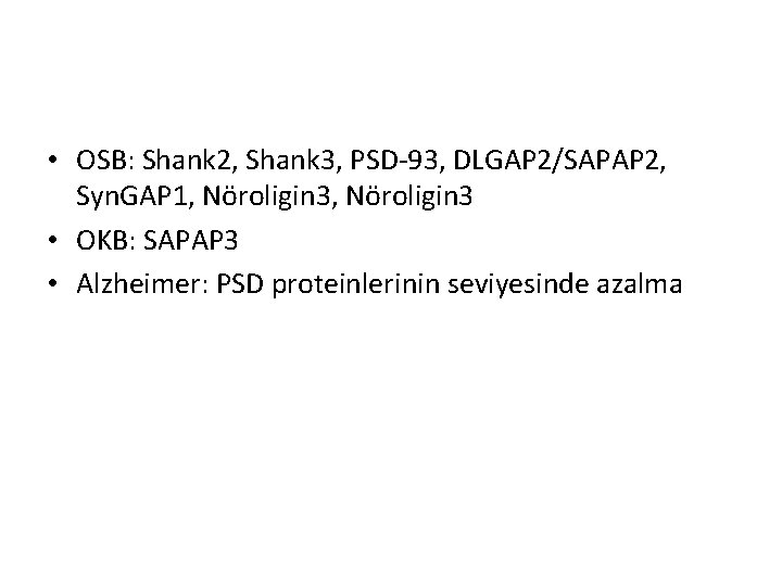  • OSB: Shank 2, Shank 3, PSD-93, DLGAP 2/SAPAP 2, Syn. GAP 1,