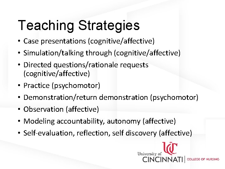 Teaching Strategies • Case presentations (cognitive/affective) • Simulation/talking through (cognitive/affective) • Directed questions/rationale requests