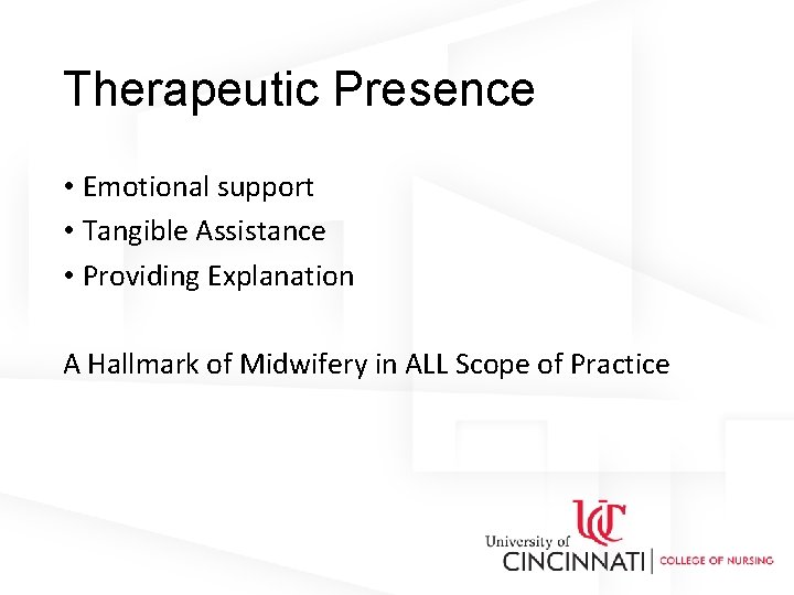 Therapeutic Presence • Emotional support • Tangible Assistance • Providing Explanation A Hallmark of