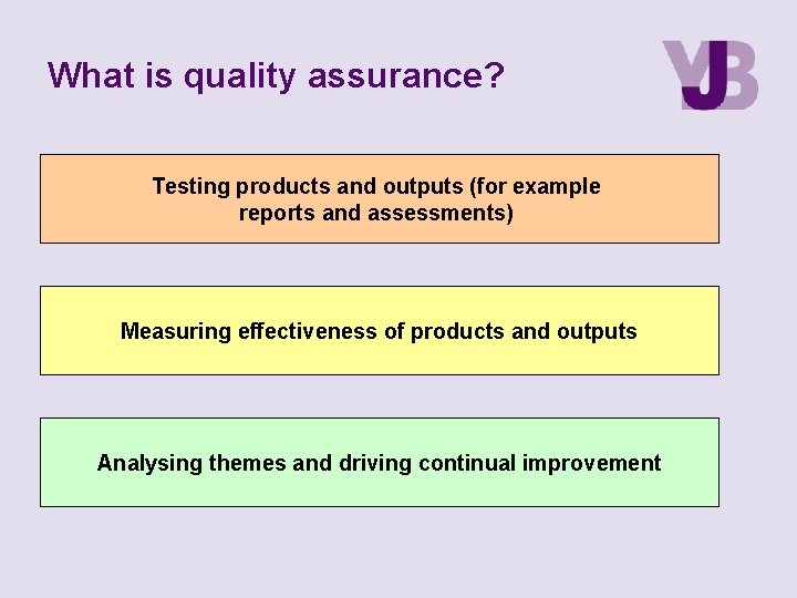 What is quality assurance? Testing products and outputs (for example reports and assessments) Measuring What is quality assurance? Testing products and outputs (for example reports and assessments) Measuring