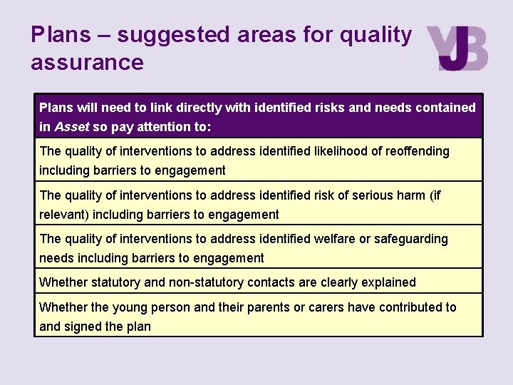 Plans – suggested areas for quality assurance Plans will need to link directly with Plans – suggested areas for quality assurance Plans will need to link directly with