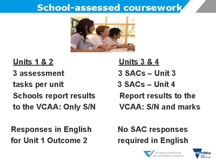 School-assessed coursework Units 1 & 2 Units 3 & 4 3 assessment 3 SACs