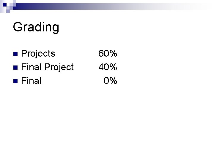 Grading Projects n Final Project n Final n 60% 40% 0% 